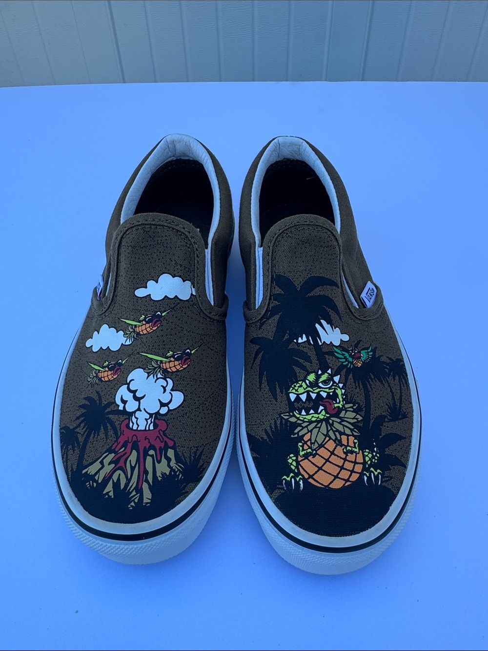 Vans Kids Brown Slip-On Sneakers with Tropical Pineapple & Volcano Graphics